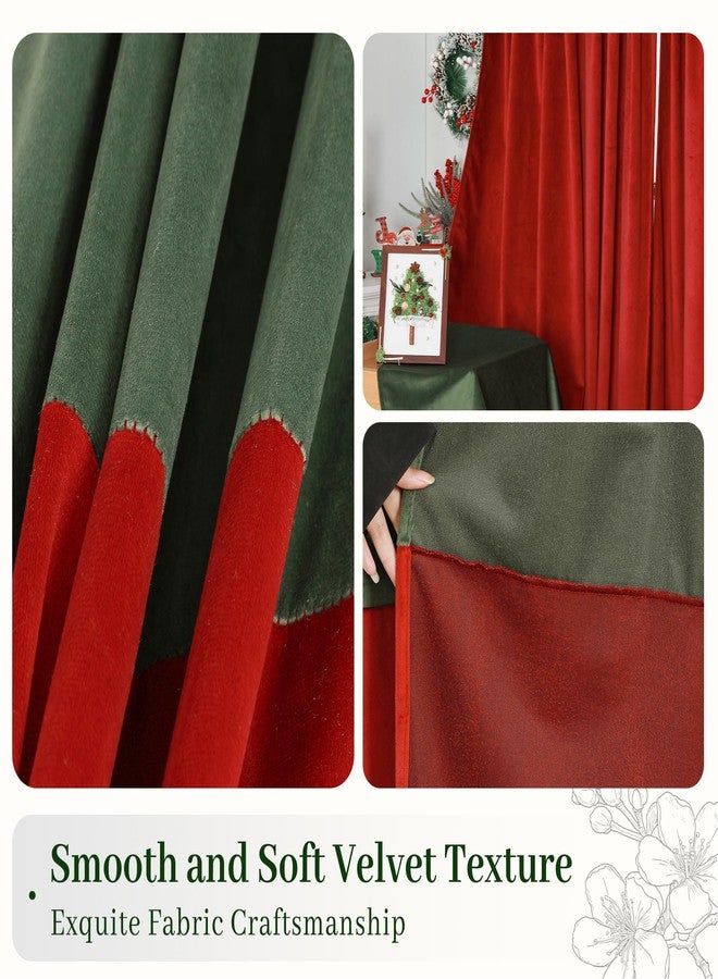 RLoncomix 2 Pcs Velvet Window Curtains 84 Inches Length Red Green Thermal Insulated Light Blocking Panels Modern Color Block Back Tab Rod Pocket Drapes for Living Room Bedroom Xmas Decor - Image 3